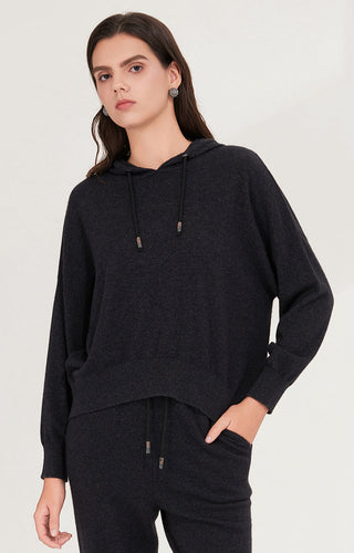 Black cashmere knit hooded pullover with drawstring ties and long sleeves
