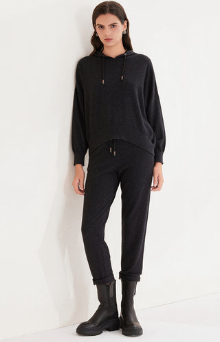 Black cashmere knit set: hooded pullover with drawstrings and matching jogger pants