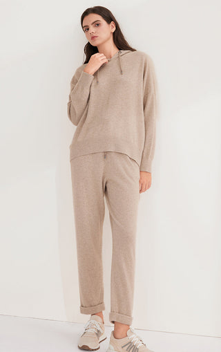 Camel cashmere relaxed-fit knit pants on model, straight relaxed leg