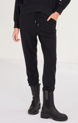 Black cashmere relaxed-fit knit pants, tapered leg with cuffed hem and pockets