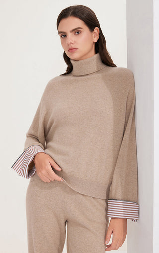Camel cashmere turtleneck sweater with striped sleeve cuffs