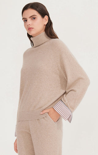 Camel cashmere turtleneck sweater with striped cuffs, relaxed fit