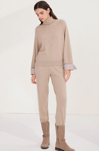 Camel cashmere turtleneck sweater with striped cuffs, straight hem