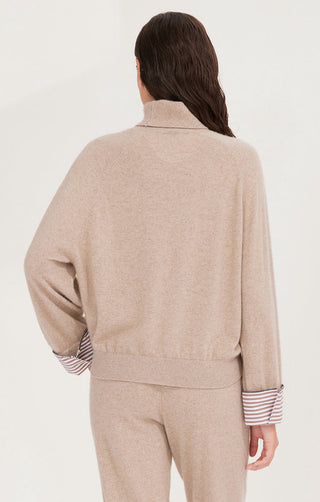 Camel cashmere turtleneck sweater back view with striped cuffs