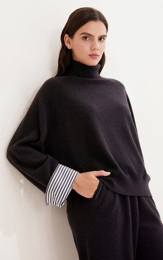 Black cashmere sweater with striped cuff band and high neck