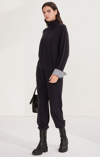 Black cashmere turtleneck sweater with striped cuffs, relaxed straight fit