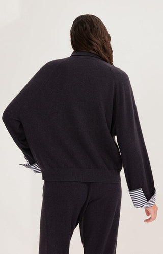 Black cashmere turtleneck sweater back with striped sleeve cuffs
