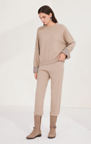 Camel relaxed-fit cashmere pants with elastic cuffed ankle hem and straight drape