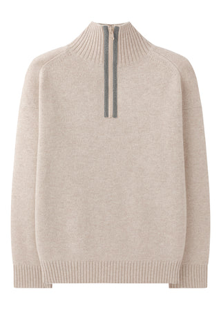 Camel wool half-zip sweater, back view, vertical zipper placket at neck