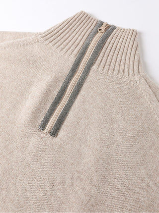 Camel wool half-zip sweater detail: ribbed knit with striped zipper placket and pull tab