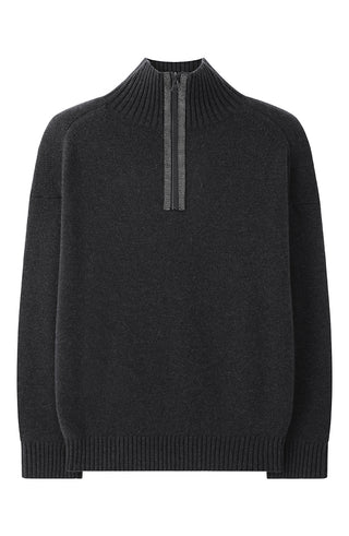 Black wool half-zip sweater front view on white background, ribbed high neck