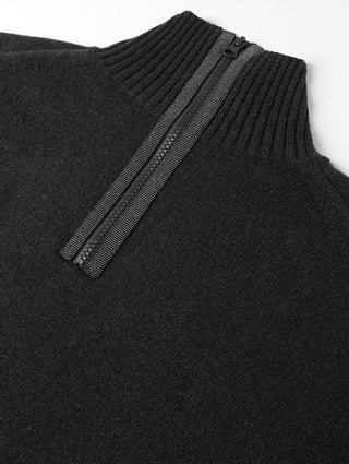 Black wool half-zip sweater collar close-up with contrast zipper stripes