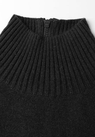 Black wool half-zip sweater neckline and ribbed knit texture, zipper at center