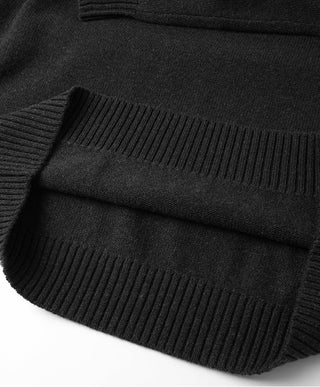 Black wool half-zip sweater hem and ribbed cuffs detail in close-up
