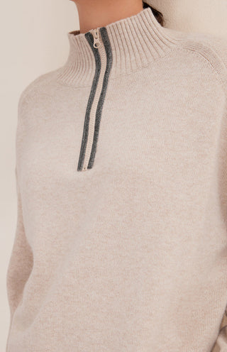 Camel wool half-zip sweater close-up of ribbed collar and dark striped zipper trim