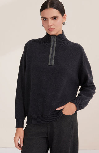 Black wool half-zip sweater with ribbed turtleneck and long sleeves