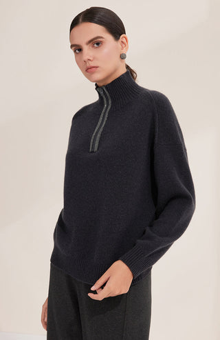 Black wool half-zip sweater, ribbed knit collar with zipper placket detail