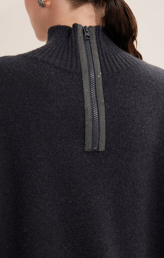 Close-up of black wool half-zip sweater: ribbed stand collar and zipper trim