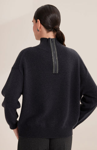 Black wool half-zip sweater back view with centered half-zip opening