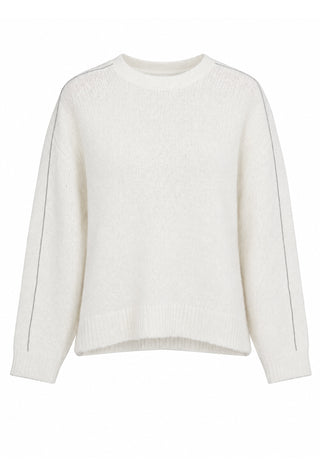 Cream cashmere-blend knit sweater with crew neck, long sleeves, ribbed cuffs and hem
