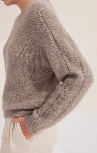 Camel cashmere-blend knit sweater sleeve and side profile view