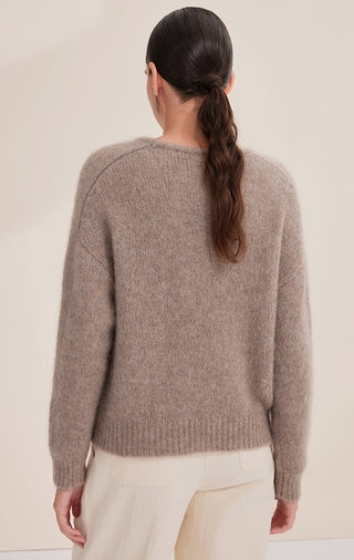 Camel cashmere-blend knit sweater, back view with crew neck and ribbed hem