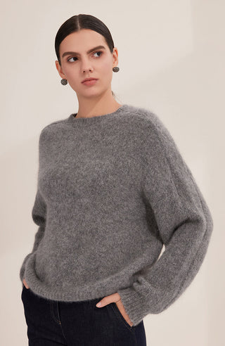 Gray-blue cashmere-blend knit sweater, front view with long sleeves