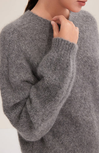 Gray-blue cashmere-blend knit sweater neckline and shoulder detail