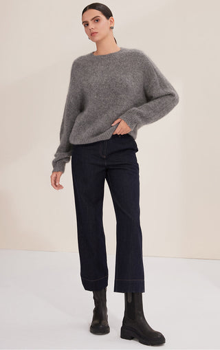 Gray-blue cashmere-blend knit sweater, crew neck and ribbed cuffs