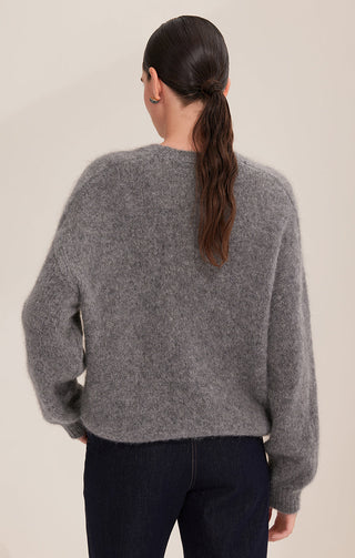 Gray-blue cashmere-blend knit sweater, back view with ribbed hem