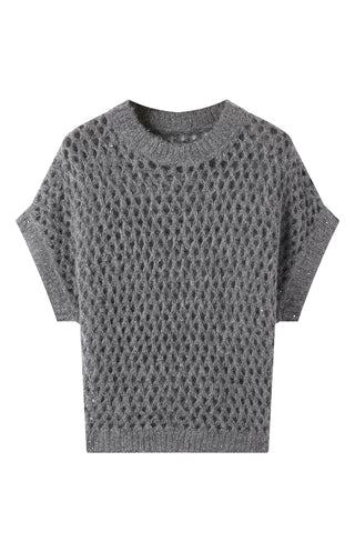 Flat lay: gray-blue open-weave knit top with crew neck and short dolman sleeves