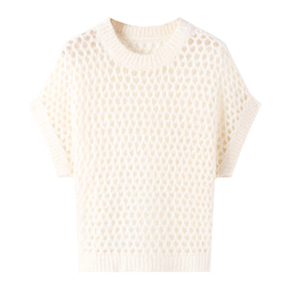 White open-knit sweater top with diamond pattern, ribbed hem and crew neck