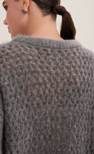 Back view of gray-blue open-weave knit top, crew neck and textured allover pattern