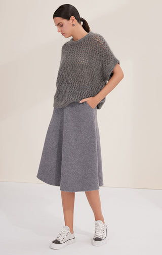 Gray-blue open-weave knit top with crew neck and short sleeves, relaxed hemline