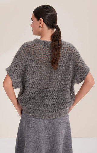 Gray-blue open-knit knit top from side view, crew neck and short dolman sleeves
