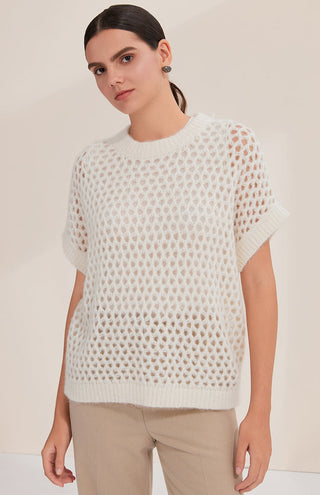 White open-weave knit top with crew neck and short cap sleeves, relaxed drape