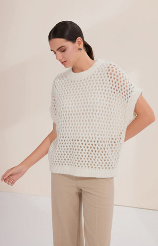 White open-knit sweater top with crew neckline and wide short sleeves