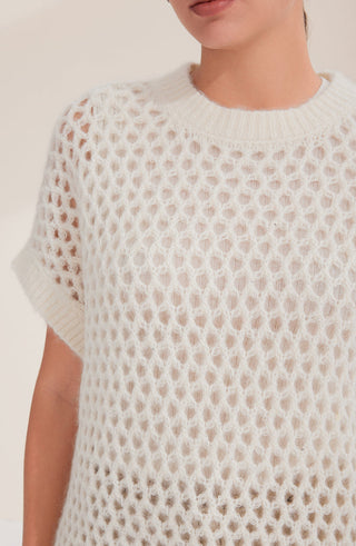 Close-up of white open-weave knit top with crew neck and textured diamond pattern