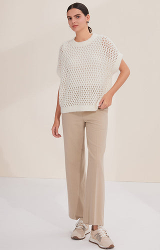 White open-weave knit top with crew neck and short dolman sleeves, easy fit