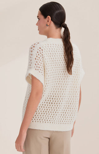 White open-weave knit top, short sleeves, ribbed crew neck