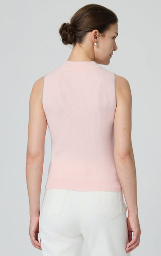 Light pink cashmere mock neck tank, back view with metallic trim on armholes