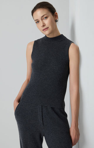 Graphite gray cashmere mock neck tank top with metallic trim detail