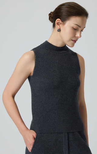 Graphite gray cashmere mock neck tank with metallic trim and ribbed texture