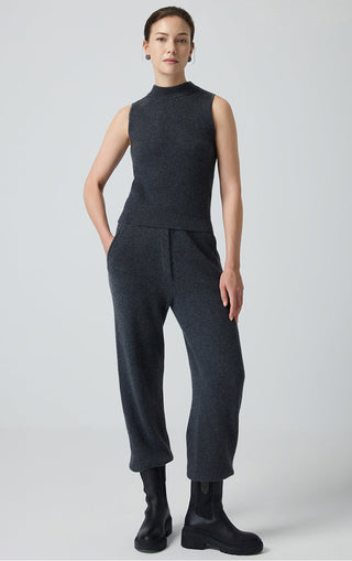 Graphite gray cashmere mock neck tank top with matching dark jogger-style pants