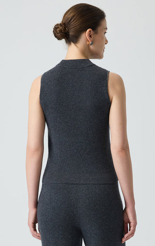 Graphite gray cashmere mock neck tank back view, ribbed knit