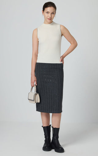 Beige cashmere mock-neck tank with metal trim, sleeveless fitted knit