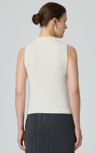 Beige cashmere mock-neck tank top with metal-trim neckline, back view