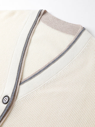 Beige wool cardigan V-neck edge with contrast trim and button