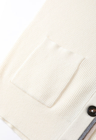 Beige wool cardigan with chest pocket and contrast-trim edge