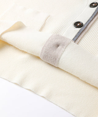 Beige wool cardigan knit with brown button and contrast edge trim at cuff